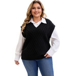 Plus Size Vest V Neck Sleeveless Knit Ribbed Pullover Sweaters Black